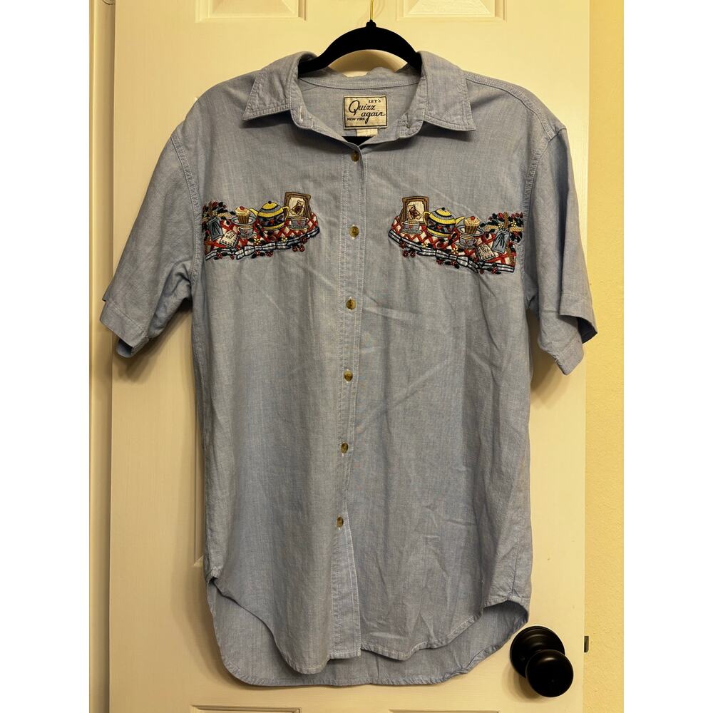 Vintage Quizz Again button-up denim shirt with Grandma/Cottage Core embroidery